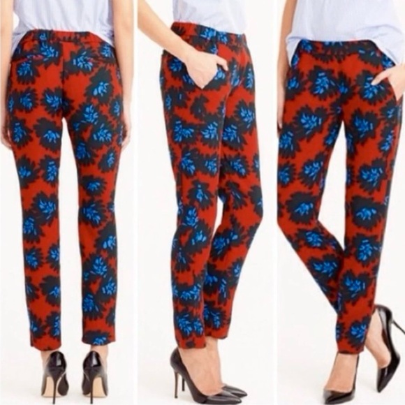 J Crew Pants Firework Floral Tapered Trouser Pants Pull On Career Red Blue sz 4 - Picture 1 of 11